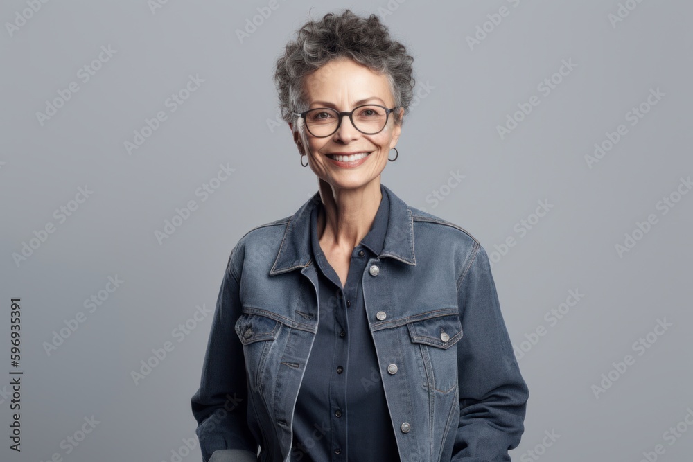 Fototapeta premium Portrait of smiling senior woman in eyeglasses standing against grey background