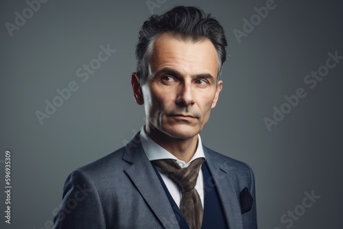 Portrait of a serious businessman looking at camera over gray background.