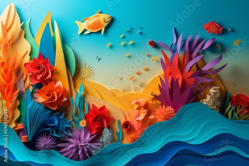 Colorful paper artwork depicting ocean in summer. Eye-catching illustration. Generative AI