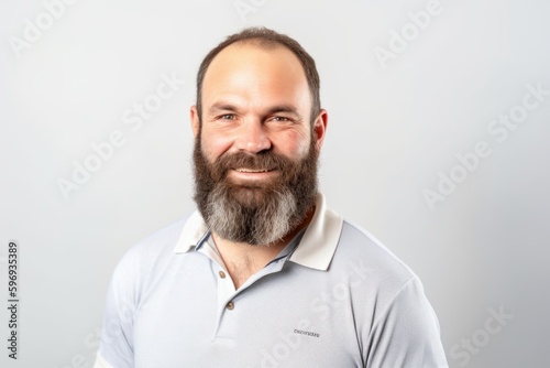 Medium shot portrait photography of a cheerful man in his 40s wearing a sporty polo shirt against a white background. Generative AI © Anne-Marie Albrecht