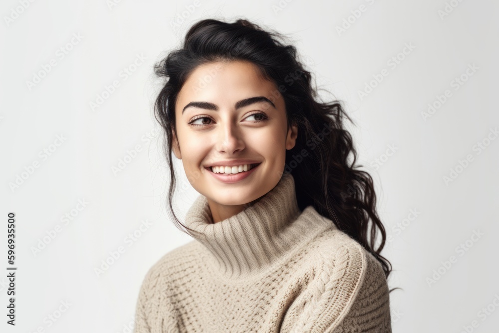 Portrait of a beautiful young woman in sweater smiling at camera over white background Portrait of a beautiful young woman in sweater smiling at camera over white background