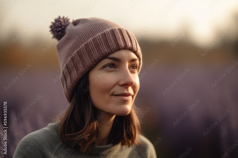 Portrait of a young beautiful woman in lavender field at sunset Portrait of a young beautiful woman in lavender field at sunset