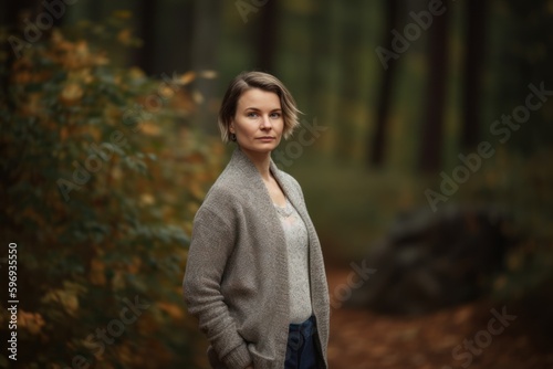Portrait of a beautiful young woman in the autumn forest. Autumn fashion.