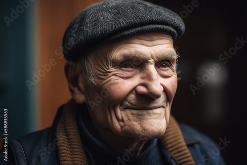 Portrait of an elderly man in a hat and jacket. Close-up. © Hanne Bauer