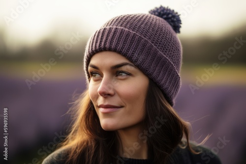 Portrait of a beautiful young woman in a purple hat and sweater outdoors