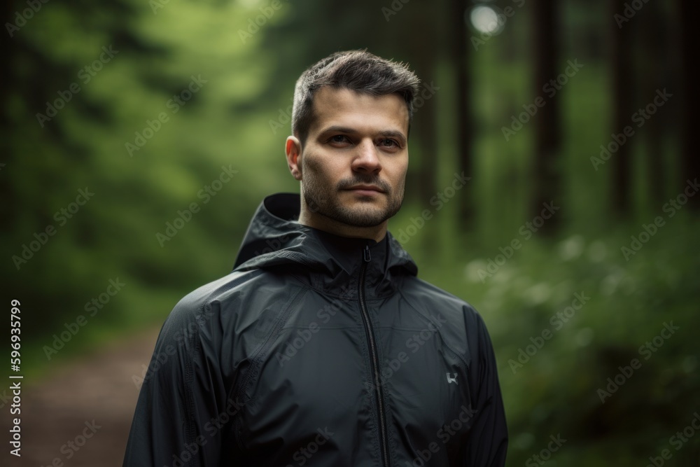 Portrait of a handsome young man in a dark raincoat in the forest