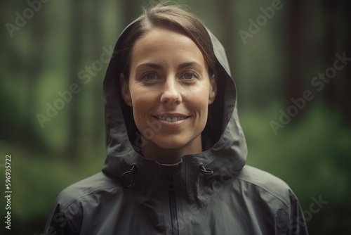 Portrait of smiling woman in raincoat looking at camera in forest © Anne-Marie Albrecht
