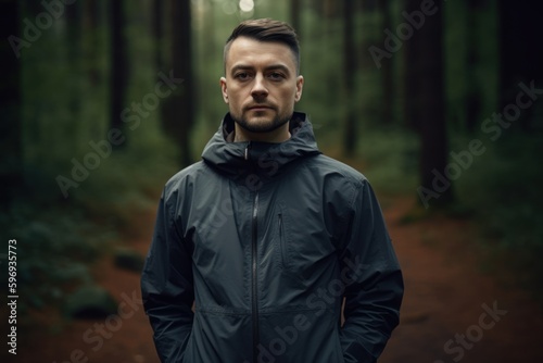Portrait of a young handsome man in a dark raincoat standing in the forest