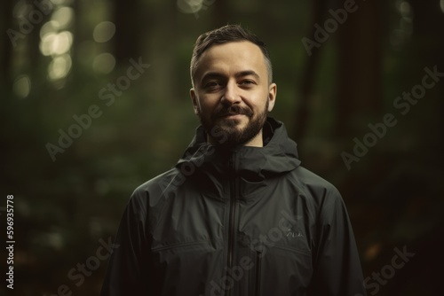 Portrait of a bearded man in a black raincoat in the forest