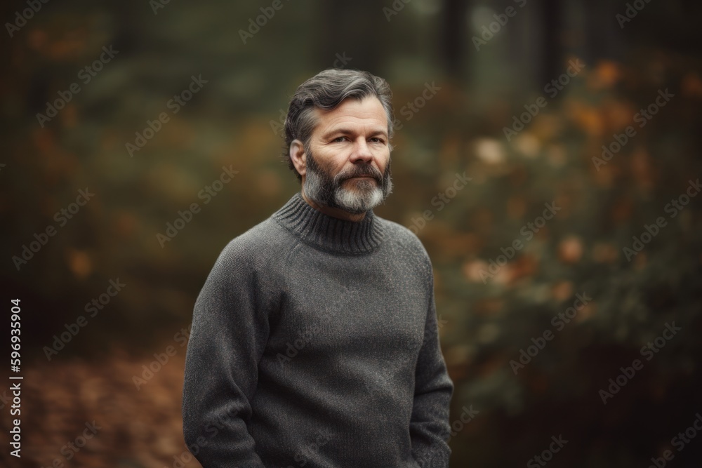 Portrait of a bearded man in a gray sweater in the autumn forest.