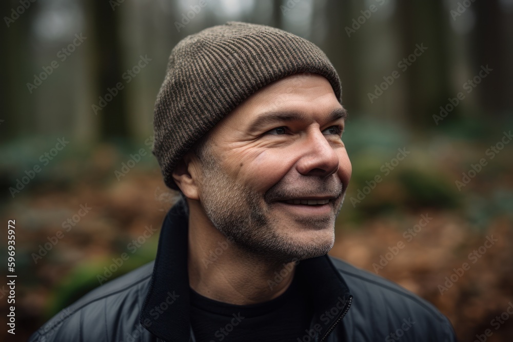 Portrait of a handsome man in the forest wearing a hat.