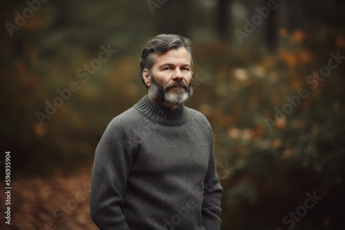 Portrait of a bearded man in a gray sweater in the autumn forest. © Anne-Marie Albrecht