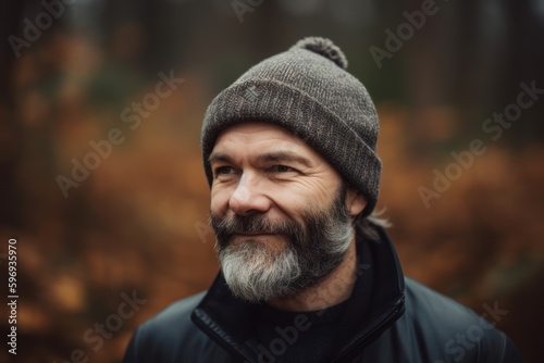Portrait of a bearded man in the autumn forest. Bearded man with gray beard.