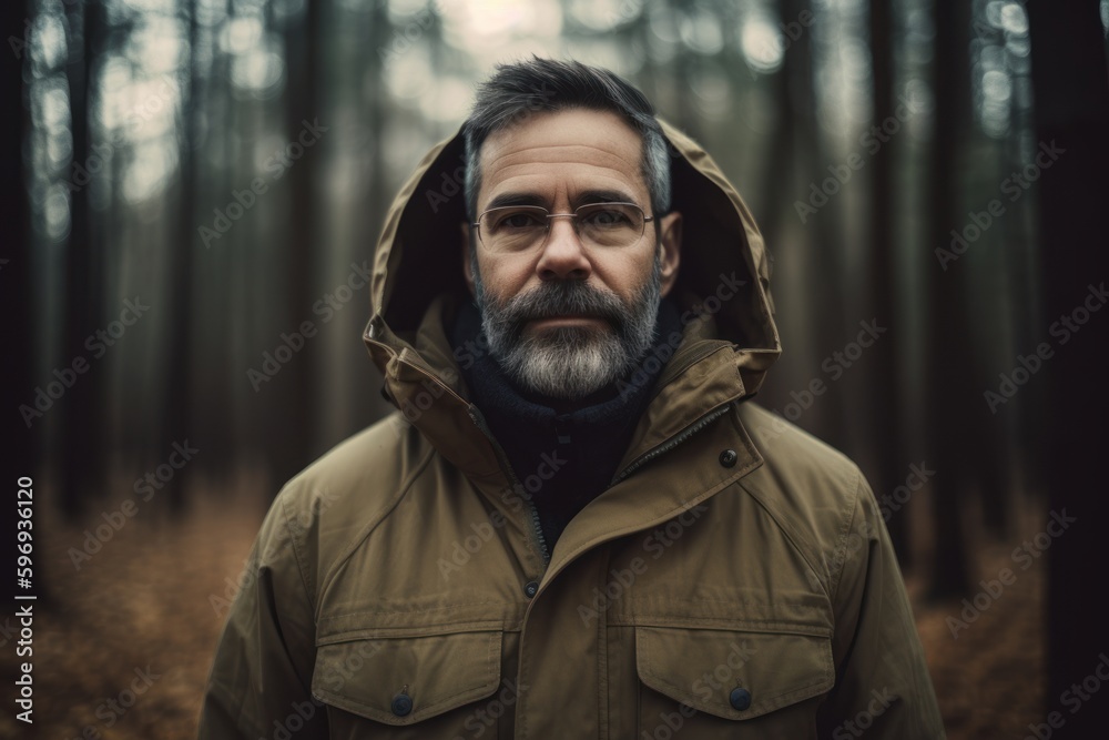 portrait of a bearded man in a raincoat in the forest portrait of a bearded man in a raincoat in the forest