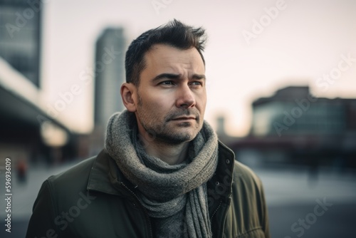 Portrait of a handsome young man in a coat and scarf outdoors © Hanne Bauer