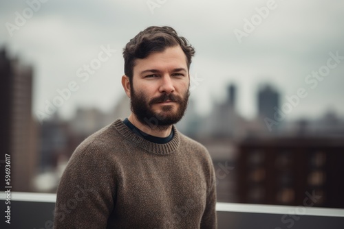 Portrait of a handsome bearded man in a sweater on the roof.