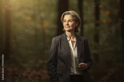 Portrait of a beautiful senior woman in a dark forest. The concept of a healthy lifestyle