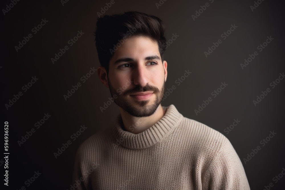 Portrait of a handsome young man in a sweater on a dark background