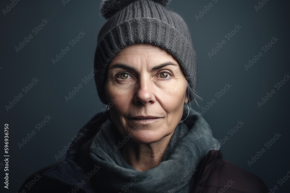 Portrait of a middle-aged woman in a hat and scarf Portrait of a middle-aged woman in a hat and scarf