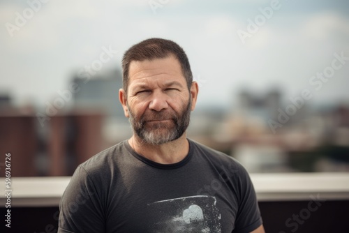 Portrait of a bearded man in a t-shirt on the roof