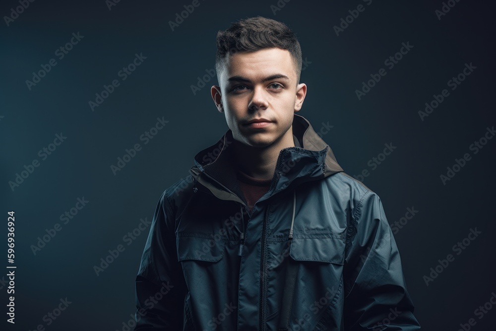 portrait of young man in raincoat looking at camera isolated on black