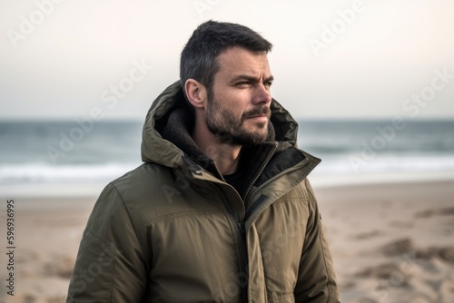 Portrait of a handsome bearded man in winter jacket on the beach