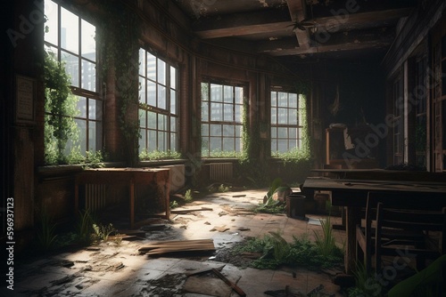 Desolate environment of an abandoned building in The Last of Us video game. Generative AI © Altair