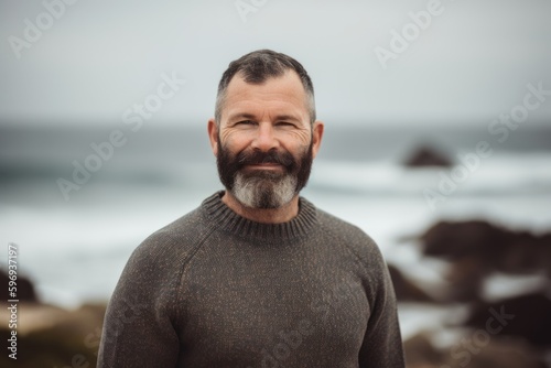 Portrait of a handsome mature man standing on the beach with the ocean in the background