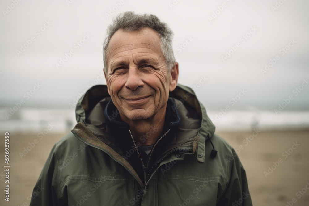 Portrait of happy senior man smiling at camera on beach in autumn Portrait of happy senior man smiling at camera on beach in autumn