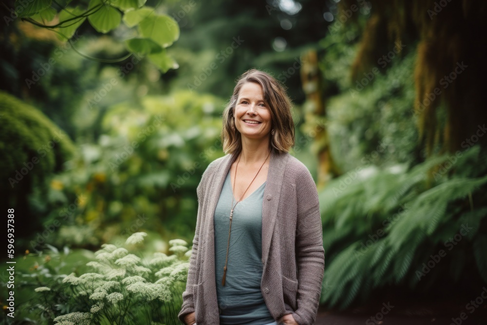 Portrait of a beautiful woman standing in the garden. She is smiling. Portrait of a beautiful woman standing in the garden. She is smiling.