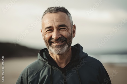 Group portrait photography of a grinning man in his 50s wearing a comfortable tracksuit against a beach background. Generative AI