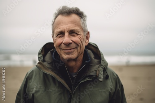 Portrait of happy senior man smiling at camera on beach in autumn