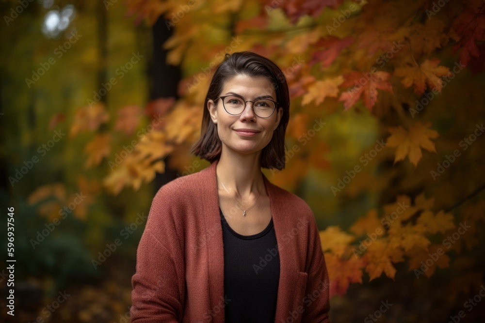 Portrait of a beautiful young woman with glasses in an autumn park