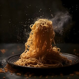 Dry instant noodle with splashes on a black background.