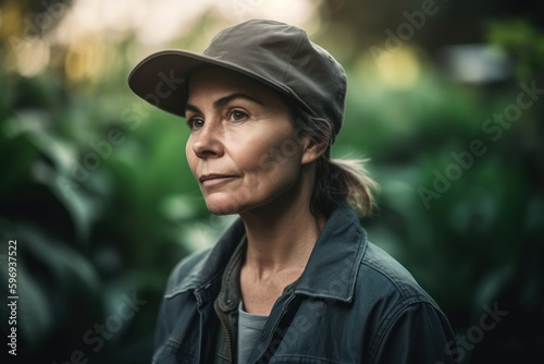 Portrait of a beautiful mature woman in a baseball cap in the garden