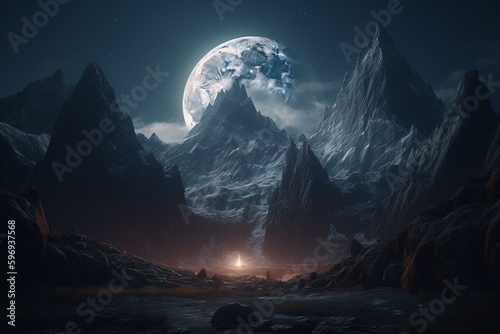 Illustration of a grandiose moon amidst otherworldly peaks. Perfect for kids' books. Generative AI