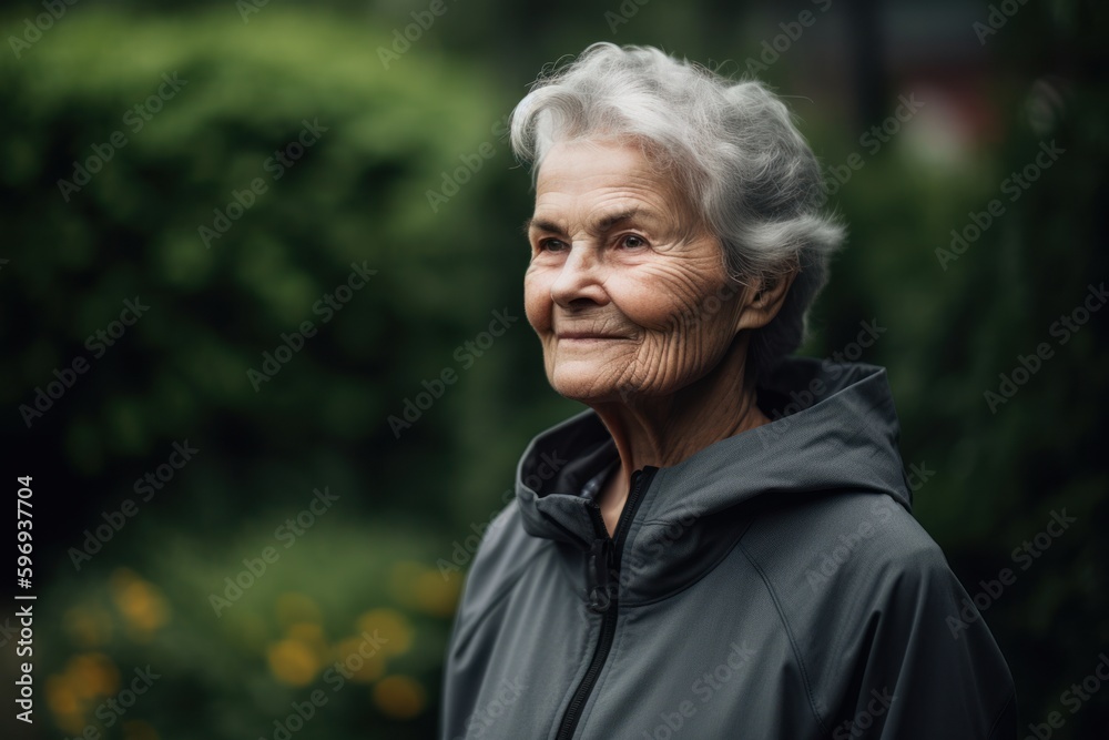 portrait of smiling senior woman in raincoat looking at camera in park