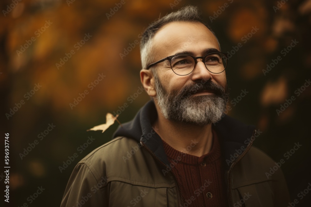Portrait of a senior man with gray beard and glasses in autumn park