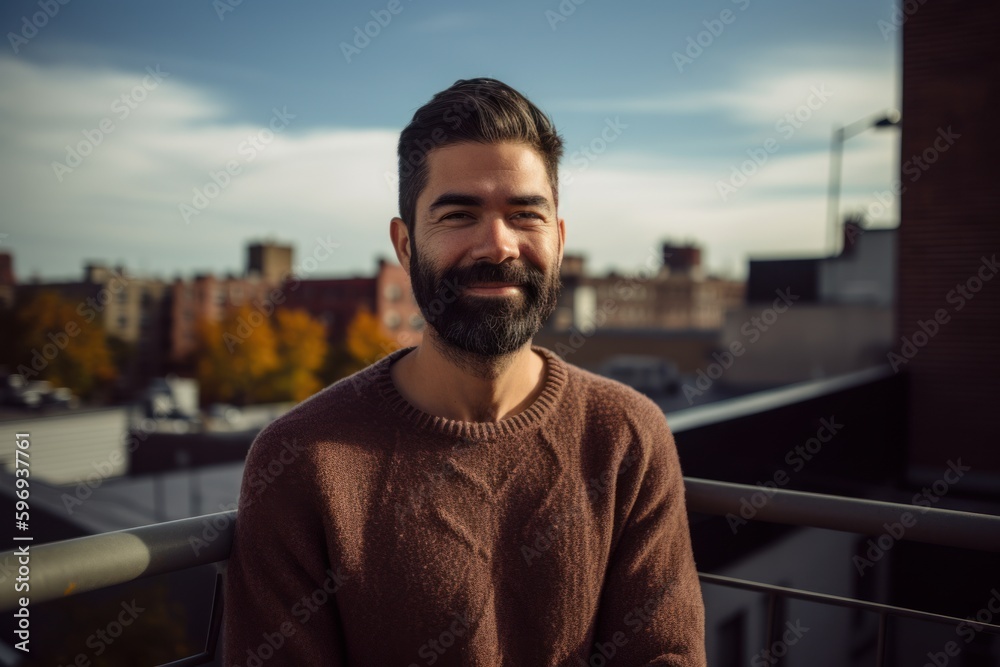 young handsome bearded hipster man in the city on the roof of building young handsome bearded hipster man in the city on the roof of building