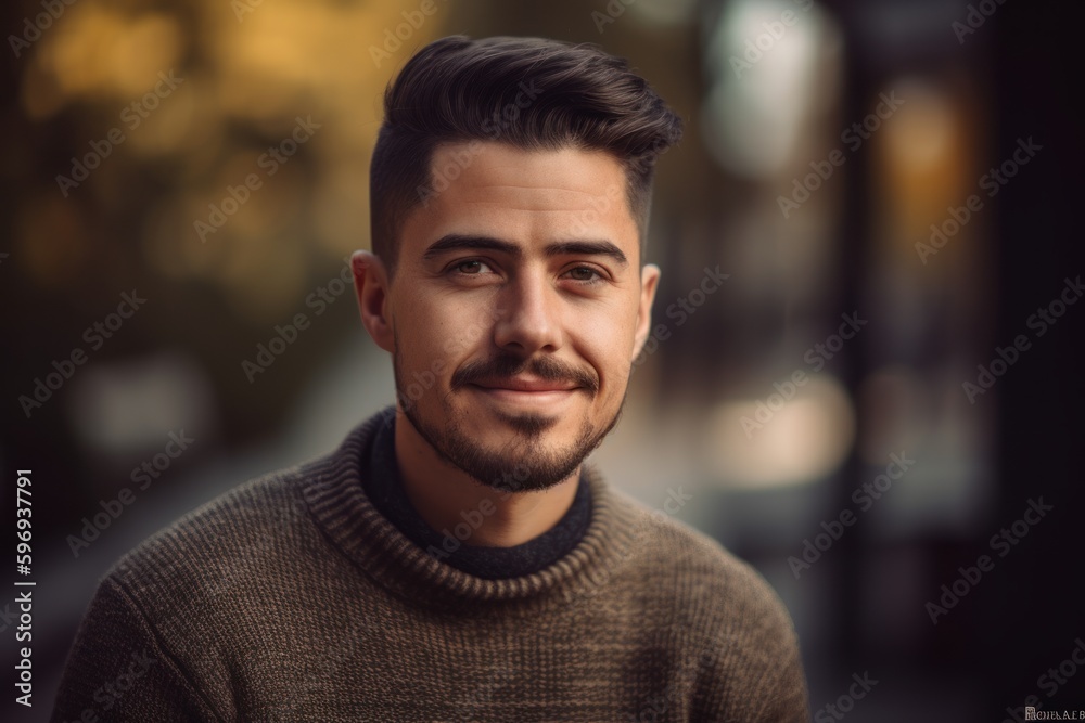 Portrait of a handsome young man with dark hair and beard in a knitted sweater on the street Portrait of a handsome young man with dark hair and beard in a knitted sweater on the street
