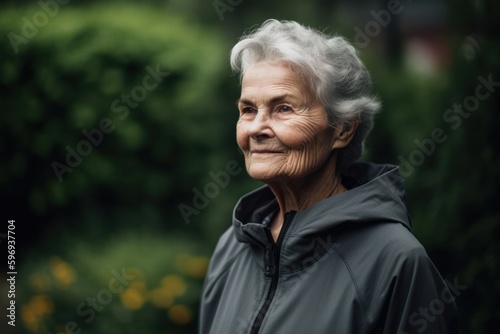 portrait of smiling senior woman in raincoat looking at camera in park
