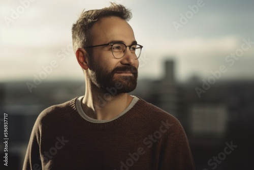 Portrait of handsome bearded man wearing eyeglasses looking at camera