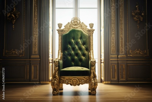 Front-facing golden throne on brown wooden floor, draped in green fabric, against white marble wall. Generative AI