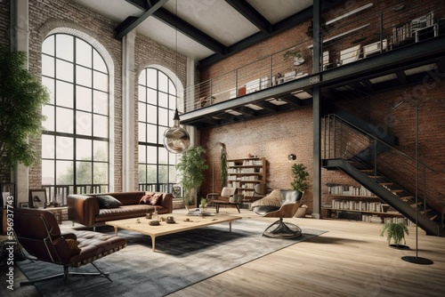 Stylish contemporary loft living space | architecture. Generative AI