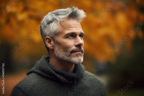 Portrait of a handsome middle-aged man in the autumn park.
