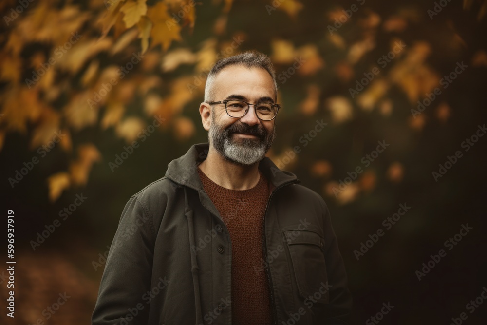 Obraz premium Handsome middle-aged man with a beard and glasses in a park in autumn