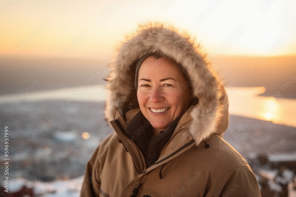 Portrait of a smiling middle-aged woman in a winter jacket against the background of the city. Portrait of a smiling middle-aged woman in a winter jacket against the background of the city.