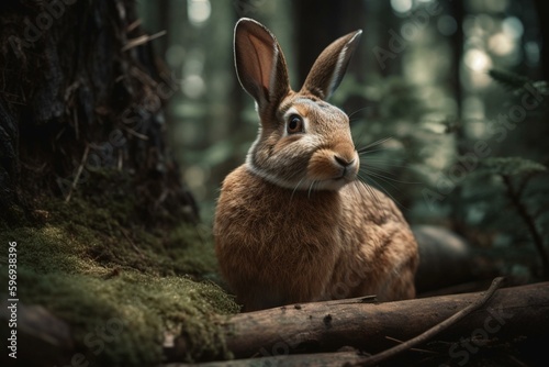 Adorable bunny surrounded by trees and wildlife. Generative AI