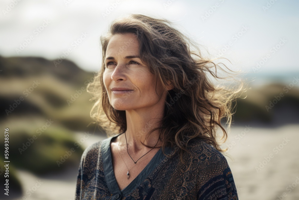Portrait of a beautiful mature woman with long wavy hair on the beach