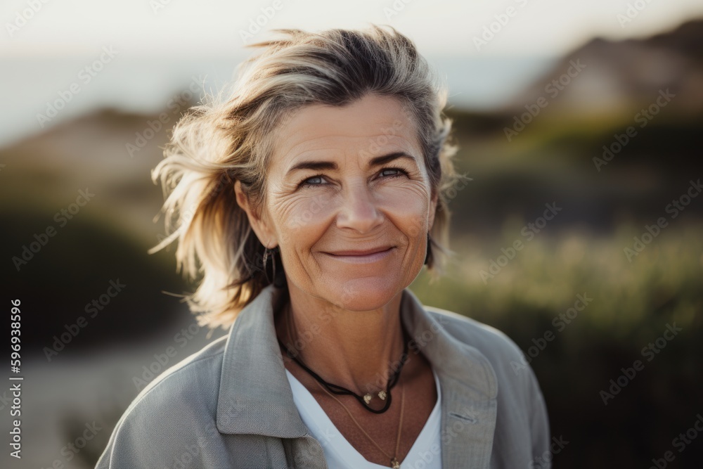 Portrait of smiling mature woman standing on the beach at the sunset Portrait of smiling mature woman standing on the beach at the sunset